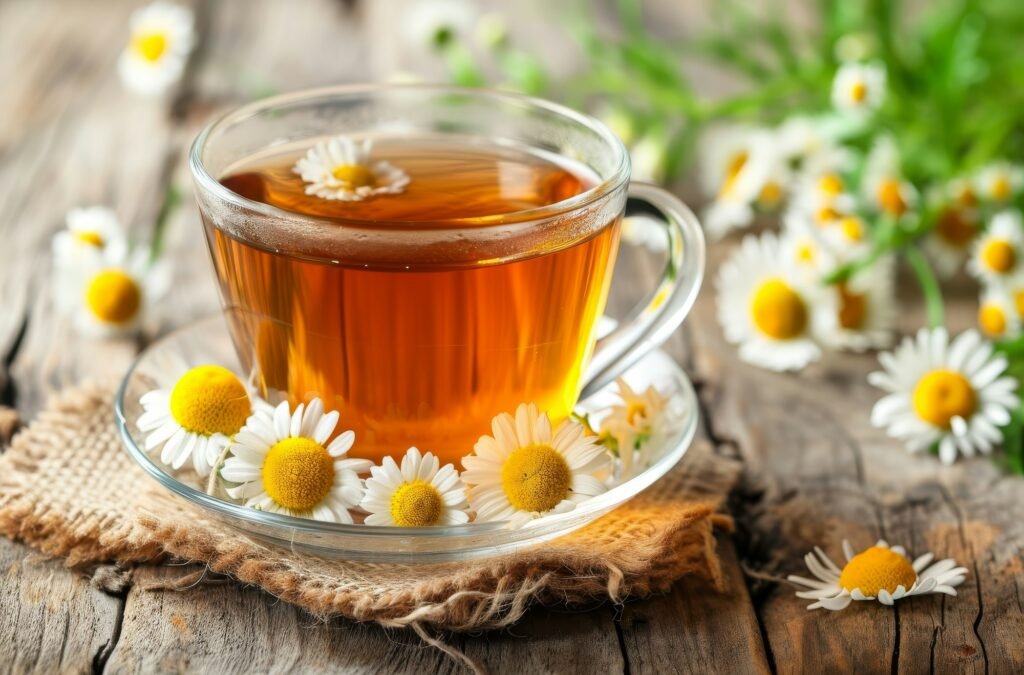 A Cup of Chamomile Tea on a Wooden Table